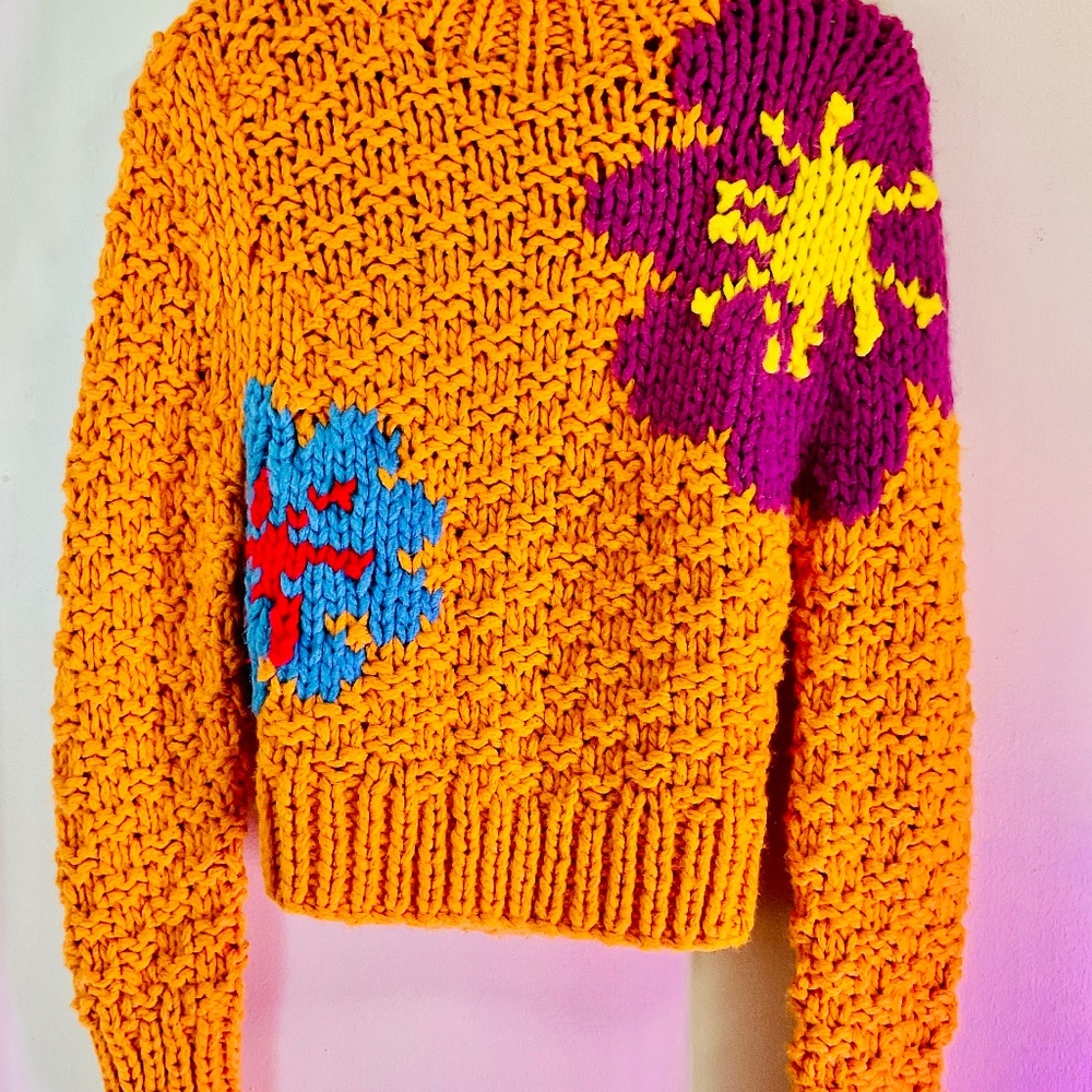 Vintage 90s Lucky Brand Orange Floral Wool Knit Turtleneck
